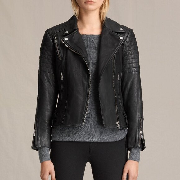 AllSaints Papin Leather Biker Jacket in Black - Picture 1 of 16